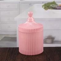 중국 돔 뚜껑과 라운드 장식 스트라이프 유리 촛대 핑크 4 인치 유리 캔들 홀더 제조업체