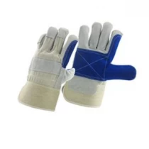 China China grey cow split leather blue reinforcement palm working glove factory, genuine leather labor glove supplier, safety glove manufacturer manufacturer