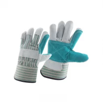 China China grey cow split leather green reinforced palm working glove factory, genuine leather labor glove supplier, safety glove manufacturer manufacturer
