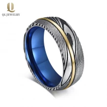 China Professional Manufacturer Men\'s Blue Plating Tungsten and Black Damascus Steel Ring manufacturer