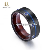 China Amazing 8mm Outer Black Zirconium Inner Wood Wedding Band with 7 Blue CZ Stones Black Zirconium Ring China Supplier  manufacturer