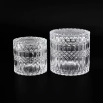 China Popular 480ml 250ml Embossed Pattern Glass Candle Vessel With Lids manufacturer
