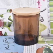 Çin Ahşap kapaklı toptan Amber cam mum kavanozları üretici firma