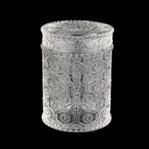 China Embossed Glass Candle Jar with Glass Lids Wholesale manufacturer