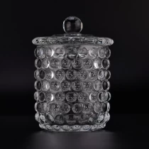 China Popular 12oz pearl embossed pattern clear glass candle vessel with lids manufacturer
