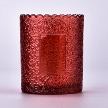 China New 8oz red glass candle jars with beautiful pattern design candle holder manufacturer