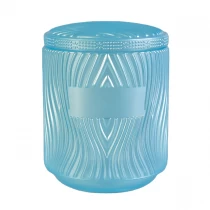 China New design luxury blue cylinder glass candle jar with lids manufacturer