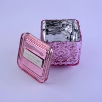 China Custom pink square electroplated scented glass candle holder with lid manufacturer