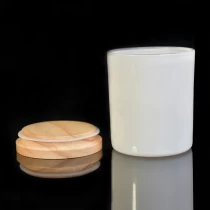 China Stock white painting glass candle holder with wooden lid manufacturer