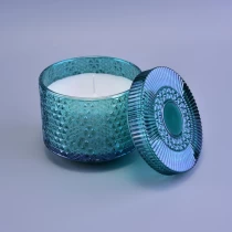 China Hot sales blue luxury empty glass candle jar for candle making with lid manufacturer