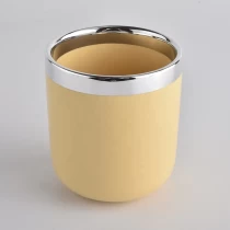 China cylinder yellow luxury home decor wedding decoration ceramic candle jar with silver rim manufacturer