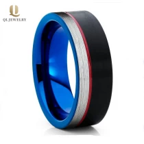 porcelana Satén plana popular de 8 mm cepillado dos tonos tonos de carburo de tungsteno para hombres anillo de carburo de tungsteno negro y azul con 1 mm canal rojo China proveedor fabricante