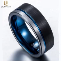 porcelana Popular satén plano de 8 mm cepillado dos tonos tonos de carburo de tungsteno para hombres, oro y anillo de carburo de tungsteno azul proveedor de China fabricante