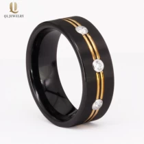 porcelana Anillo de carburo de tungsteno de tungsteno negro de dos hombres con canales de oro y 3 piedras blancas de CZ China fábrica fabricante