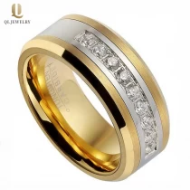 porcelana HotSale 8mm Bandas de bodas para hombre con bordes planos y biselados del anillo de tungsteno de oro con 9 cz piedras del fabricante de China fabricante