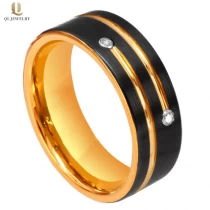 porcelana Popular 8 mm Piso de hombre satinado cepillado y ranurado negro y oro tungsteno anillo de carburo blanco CZ China fabricante fabricante