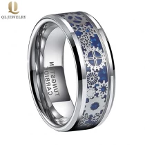 China Popular 8mm Men\'s Flat High polished Tungsten Carbide Ring Satin Blue Carbon Fiber and Silver Gear inlay China Manufacturer manufacturer