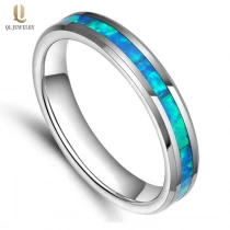 China Popular 4mm High Polished Beveled Edges Solid Opal inlay Tungsten Wedding Band Women\'s Opal Tungsten Carbide Ring China Factory manufacturer
