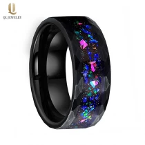 China 8mm Wide Brushed and Faceted Black Tungsten Carbide Ring with colorful opal inlay China Tungsten Ring manufacturer Factory manufacturer