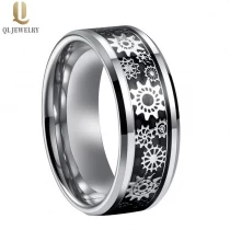 China Wholesale Mens Wedding Bands Tungsten Carbide Ring with Mechanical Gear and Black Carbon Fiber Inlay China Manufacturer manufacturer