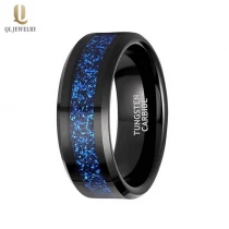China Neue Art 8mm hochglanzpolierte Wolfram-Eheringe für Herren flache und abgeschrägte Kanten Schwarze Wolframkarbid-Eheringe mit blauer Opaleinlage China-Hersteller Hersteller