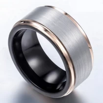 porcelana Anillo único de carburo de tungsteno de triple tono de 10 mm Anillo de carburo de tungsteno con bordes escalonados de plata negra y oro rosa Fabricantes fabricante