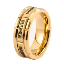 porcelana Popular China Bandas de boda para hombres con ranuras de ladrillo de 8 mm Bordes planos y biselados Anillo de tungsteno dorado con ranuras de ladrillo con incrustaciones de piedras CZ negras Fabricantes fabricante