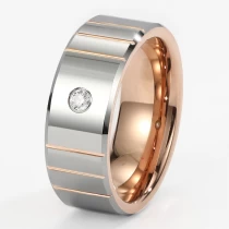 Cina Fedi nuziali popolari da uomo scanalate da 8 mm Anello in tungsteno con bordi piatti e smussati in oro rosa lucido e argento con pietre CZ bianche intarsiate Cina Produttore produttore