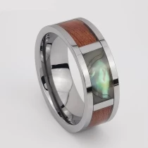 Cina Anello di tungsteno in stock Anello da uomo in carburo di tungsteno piatto da uomo in argento lucido da 8 mm con conchiglia e intarsio in legno Fornitore della Cina produttore