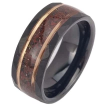 Cina Fedi nuziali da uomo di alta qualità e convenienti Anello da 8 mm piatto e martellato in carburo di tungsteno nero e oro rosa con arenaria nera e pietra preziosa Malachite e intarsio occhio di tigre Cina Produttore produttore
