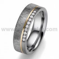 China Rare Metal Pure Tantalum Couple Rings 6mm Polished and Brushed Wood Effect Pure Tantalum Ring with Gold Line Inlay and Set with Diamonds China Supplier manufacturer