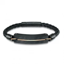 China In Stock Black Carbon Fiber Stainless Steel Men Leather Bracelet Black Carbon Fiber Rose Gold ID Bracelet For Men China Manufacturer manufacturer