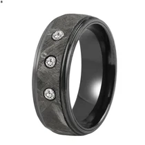 China 8mm Black Zirconium Wedding Band with Real Meteorite & CZ Inlay - Stepped Edges, Brushed Finish manufacturer