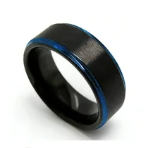 China Bulk 8mm Two-Tone Black & Blue Tungsten Wedding Bands with Flat and Step Edges manufacturer