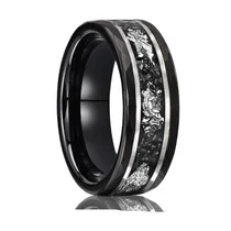 China Premium 8mm Black Plated Hammered Tungsten Carbide Ring with Imitation Meteorite & Silver Foil Inlay manufacturer