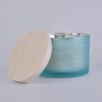 China frosted blue glass container with wood lid for candle making manufacturer