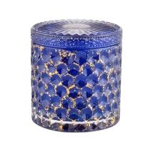 China Custom mark blauw glas stralende glazen kandelaar woondecoratie kaars pot met deksels fabrikant