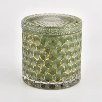 China luxury 12oz geo cut green glass candle holders with lid manufacturer