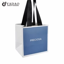China Blue shopping Jewelry paper bag with ribbon handle can put ring bracelet necklace  manufacturer