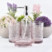 China 4pc vanity pink glass bathroom shower accessory sets hotel wholesales manufacturer