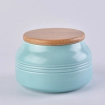 China Wholesales decorative blue ceramic candle container with wood lids manufacturer