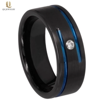 China Beliebte 8mm Männer flache Satin gebürstete schwarze Wolfram-Hochzeitsbänder mit blauer Nut und 1 weißer CZ China-Hersteller Hersteller