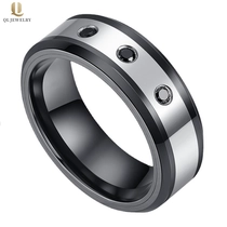 China Beliebte 8mm Männer Hochzeitsbänder Wohnung und abgeschrägte Kanten Schwarz Keramik und Silber Wolfram Ring mit 3 Black CZ China Lieferant Hersteller