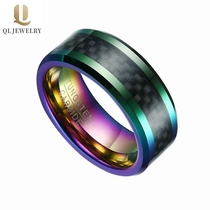 China 8mm Männer Bunter Regenbogen Wolfram-Kohlefaser-Ring Herren Hochzeitsbänder Kombinierter Komfort Fit Schwarzer Kohlefaserring Hersteller