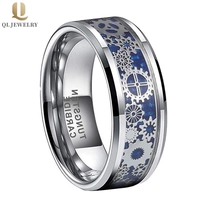 China Popular 8mm Men\'s Flat High polished Tungsten Carbide Ring Satin Blue Carbon Fiber and Silver Gear inlay China Manufacturer manufacturer