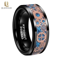China Fashion and Popular 8mm Men\'s Flat High polished Black Tungsten Carbide Ring Satin Blue Carbon Fiber and Rose Gold Gear inlay China Supplier manufacturer