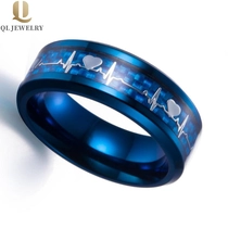 China Fashion and Popular 8mm Men\'s Heartbeat Blue Tungsten Carbide Ring Blue Carbon Fiber and Silver Heartbeat inlay China Factory manufacturer