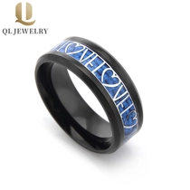 China NEW hot sales 8mm LOVER Heart Black Tungsten Carbide Ring Blue Carbon Fiber and silver LOVE and Heart inlay China Tungsten Ring Supplier manufacturer