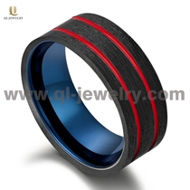 China High Quality 8mm Men\'s Black Carbon Fiber and Blue Tungsten Carbide Wedding Band with Red Lines China Manufacturer manufacturer