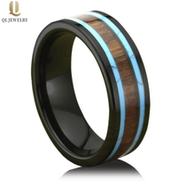 Chine Bague en céramique noire High Polished Koa Wood et Turquoise Inlay Céramique Bands De Mariage De Mode Plaine Céramique Bague Chine Fabricant fabricant